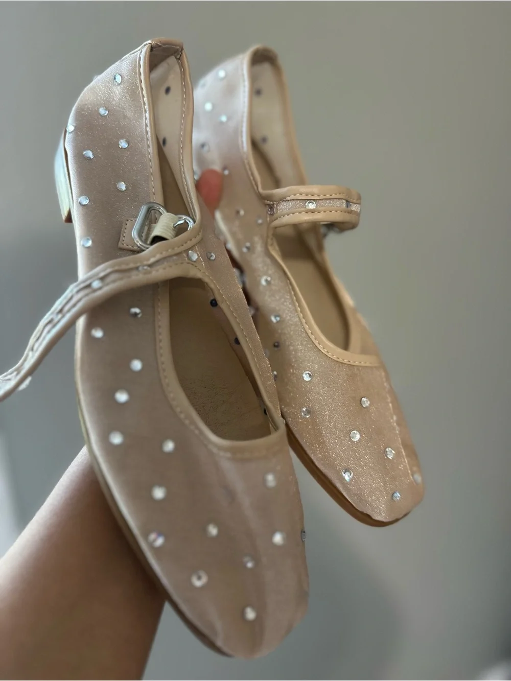Ballet Nude Mesh Mary Jane Flats with Rhinestone Accents